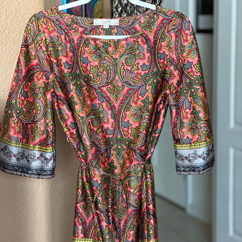 LOFT Paisley Print Midi Dress - Pink, Green, and Black
